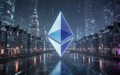 Ein stilisiertes, leuchtendes Ethereum-Logo vor einer futuristischen, digitalen Amsterdamer Skyline bei Nacht. - Foto: über boerse-global.de