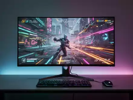 Nahaufnahme eines leistungsstarken Gaming-Monitors mit lebendigem, schnellem Videospiel und dezenter RGB-Beleuchtung. - Foto: über boerse-global.de
