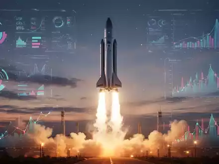 Eine elegante, moderne Rakete startet in den Dämmerungshimmel, überlagert von subtilen Finanzdiagrammen und Datenvisualisierungen. - Foto: über boerse-global.de