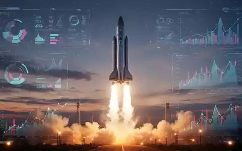 Eine elegante, moderne Rakete startet in den Dämmerungshimmel, überlagert von subtilen Finanzdiagrammen und Datenvisualisierungen. - Foto: über boerse-global.de