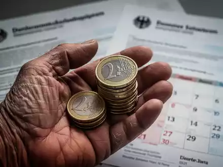 Eine Nahaufnahme einer gealterten Hand, die Euro-Münzen hält, mit unscharfen deutschen Regierungsdokumenten im Hintergrund, die Rentenreformen symbolisieren. - Foto: über boerse-global.de