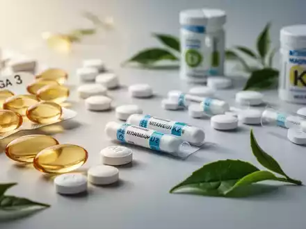 Nahaufnahme verschiedener Mikronährstoffe wie Omega-3-Kapseln, Magnesiumtabletten und Grünteeblätter auf einer modernen Oberfläche. - Foto: über boerse-global.de