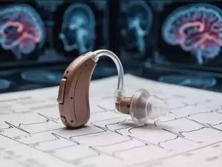 Ein modernes Hörgerät liegt auf einem medizinischen Dokument, mit unscharfen neurologischen Grafiken im Hintergrund. - Foto: über boerse-global.de