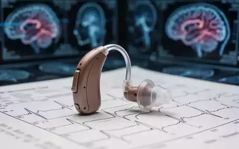 Ein modernes Hörgerät liegt auf einem medizinischen Dokument, mit unscharfen neurologischen Grafiken im Hintergrund. - Foto: über boerse-global.de