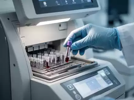 Nahaufnahme einer behandschuhten Hand, die eine Blutprobe in ein Diagnosegerät in einem Labor legt. - Foto: über boerse-global.de