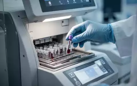 Nahaufnahme einer behandschuhten Hand, die eine Blutprobe in ein Diagnosegerät in einem Labor legt. - Foto: über boerse-global.de