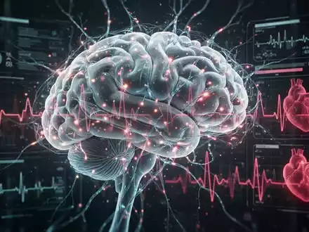 Ein stilisiertes menschliches Gehirn mit leuchtenden neuronalen Pfaden, die sich mit einer digitalen Schnittstelle und Blutdruckanzeigen verbinden. - Foto: über boerse-global.de