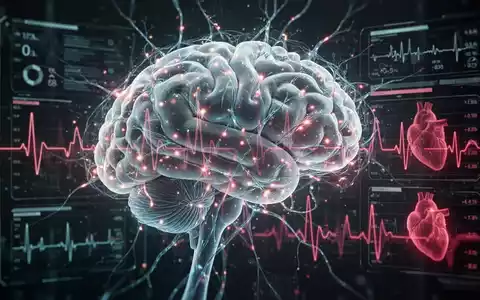 Ein stilisiertes menschliches Gehirn mit leuchtenden neuronalen Pfaden, die sich mit einer digitalen Schnittstelle und Blutdruckanzeigen verbinden. - Foto: über boerse-global.de