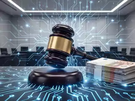 Ein stilisiertes blaues Schaltplattendesign mit einem großen Richterhammer und Euro-Banknoten, symbolisiert KI-Regulierung und Bußgelder. - Foto: über boerse-global.de