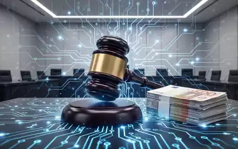 Ein stilisiertes blaues Schaltplattendesign mit einem großen Richterhammer und Euro-Banknoten, symbolisiert KI-Regulierung und Bußgelder. - Foto: über boerse-global.de