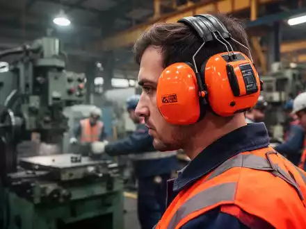 Ein Arbeiter trägt leuchtend orangefarbenen Gehörschutz in einer industriellen Umgebung, im Fokus die Arbeitssicherheit. - Foto: über boerse-global.de