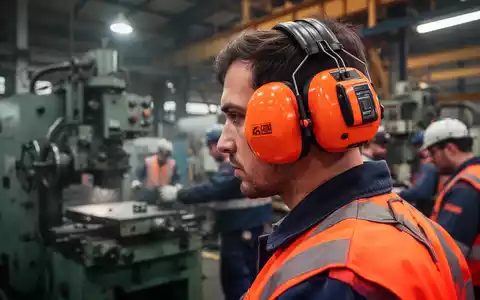 Ein Arbeiter trägt leuchtend orangefarbenen Gehörschutz in einer industriellen Umgebung, im Fokus die Arbeitssicherheit. - Foto: über boerse-global.de