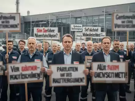Arbeitnehmervertreter und Gewerkschaftsmitglieder stehen vor einer Automobilfabrik und demonstrieren für Mitbestimmungsrechte. - Foto: über boerse-global.de