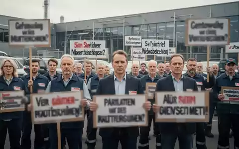 Arbeitnehmervertreter und Gewerkschaftsmitglieder stehen vor einer Automobilfabrik und demonstrieren für Mitbestimmungsrechte. - Foto: über boerse-global.de