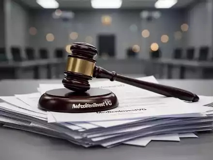 Ein stilisierter Richterhammer liegt auf einem Stapel von Rechtsdokumenten mit der Aufschrift 'MedienInvestVG' in einem Gerichtssaal. - Foto: über boerse-global.de