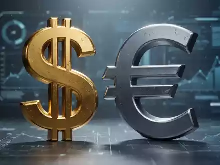 Ein goldenes Dollarzeichen und ein Euro-Symbol in einem angespannten, fast feindseligen Griff vor einem verschwommenen digitalen Hintergrund. - Foto: über boerse-global.de
