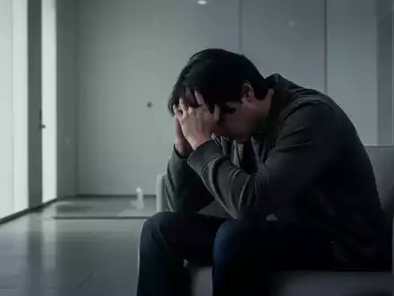 Eine Person sitzt nachdenklich mit dem Kopf in den Händen in einem weich beleuchteten Raum, der Gefühle von Einsamkeit und mentalem Kampf hervorruft. - Foto: über boerse-global.de