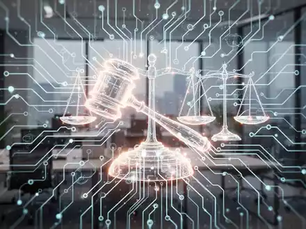 Ein stilisiertes, leuchtendes neuronales Netz, überlagert mit abstrakten Rechtssymbolen, vor einem unscharfen modernen Büro. - Foto: über boerse-global.de
