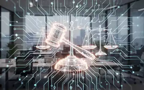 Ein stilisiertes, leuchtendes neuronales Netz, überlagert mit abstrakten Rechtssymbolen, vor einem unscharfen modernen Büro. - Foto: über boerse-global.de