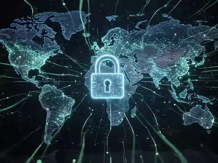 Ein abstraktes digitales Netzwerk mit leuchtenden Linien und einem stilisierten Schloss, das Cybersicherheit und internationale Zusammenarbeit symbolisiert. - Foto: über boerse-global.de