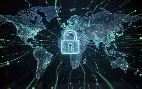 Ein abstraktes digitales Netzwerk mit leuchtenden Linien und einem stilisierten Schloss, das Cybersicherheit und internationale Zusammenarbeit symbolisiert. - Foto: über boerse-global.de