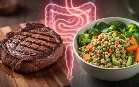 Ein perfekt gegrilltes Steak neben einer farbenfrohen pflanzlichen Proteinschale mit einem abstrakten Hintergrundmuster. - Foto: über boerse-global.de