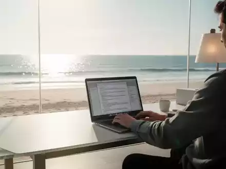 Eine Person arbeitet an einem Laptop an einem Schreibtisch mit Blick auf einen sonnigen Strand und das Meer. - Foto: über boerse-global.de