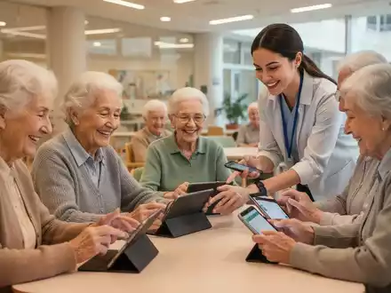Ältere Menschen lernen mit einem jüngeren Lehrer Tablets und Smartphones in einem hellen Raum. - Foto: über boerse-global.de