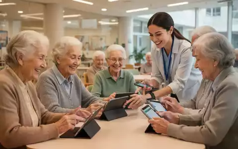 Ältere Menschen lernen mit einem jüngeren Lehrer Tablets und Smartphones in einem hellen Raum. - Foto: über boerse-global.de