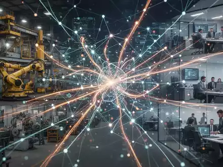 Abstrakte Visualisierung digitaler Netzwerke und leuchtender Datenströme, die agentische KI bei der Orchestrierung komplexer Geschäftsabläufe zeigt. - Foto: über boerse-global.de