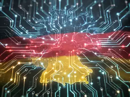Ein stilisiertes neuronales Netz mit leuchtenden Linien und angedeuteten deutschen Farben, das technologischen Fortschritt und Wirtschaft symbolisiert. - Foto: über boerse-global.de