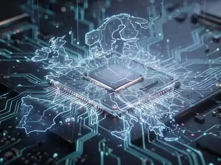 Nahaufnahme eines Hightech-Mikrochips mit leuchtend blauen und grünen Schaltkreisen, dezent mit einer Europakarte integriert. - Foto: über boerse-global.de