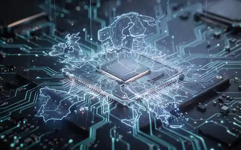 Nahaufnahme eines Hightech-Mikrochips mit leuchtend blauen und grünen Schaltkreisen, dezent mit einer Europakarte integriert. - Foto: über boerse-global.de
