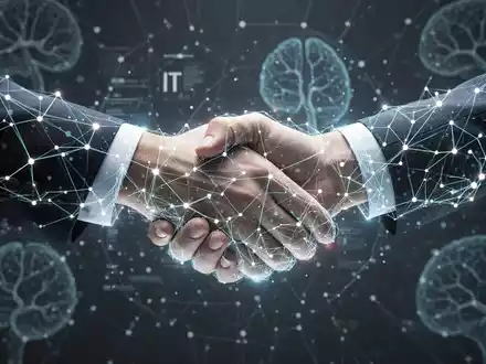 Eine stilisierte Darstellung einer digitalen Fusion, bei der zwei abstrakte Unternehmenssymbole durch leuchtende Linien und Knoten verbunden sind. - Foto: über boerse-global.de