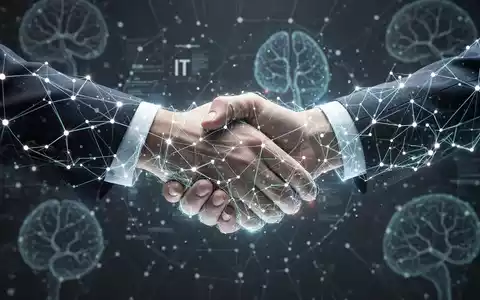 Eine stilisierte Darstellung einer digitalen Fusion, bei der zwei abstrakte Unternehmenssymbole durch leuchtende Linien und Knoten verbunden sind. - Foto: über boerse-global.de