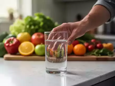 Eine Hand greift nach einem Glas Wasser, im Hintergrund verschwommenes Obst und Gemüse auf einer Küchenarbeitsplatte. - Foto: über boerse-global.de