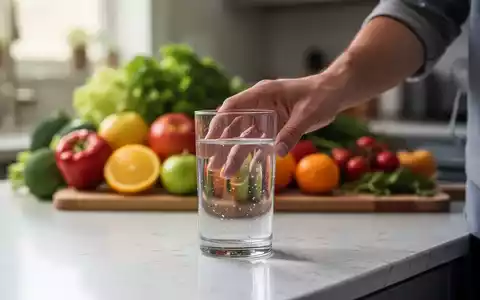 Eine Hand greift nach einem Glas Wasser, im Hintergrund verschwommenes Obst und Gemüse auf einer Küchenarbeitsplatte. - Foto: über boerse-global.de
