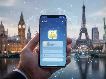 Nahaufnahme einer Hand, die ein Smartphone mit eSIM-Profil auf dem Bildschirm hält, globale Wahrzeichen im Hintergrund unscharf. - Foto: über boerse-global.de