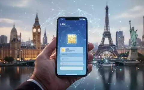 Nahaufnahme einer Hand, die ein Smartphone mit eSIM-Profil auf dem Bildschirm hält, globale Wahrzeichen im Hintergrund unscharf. - Foto: über boerse-global.de