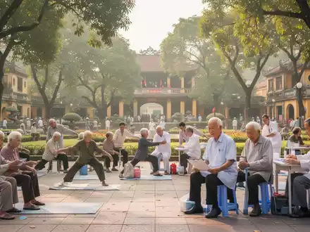 Ältere Menschen nehmen an Outdoor-Gesundheitsaktivitäten in einem Park in Hanoi teil, mit Grünflächen und Gebäuden im Hintergrund. - Foto: über boerse-global.de