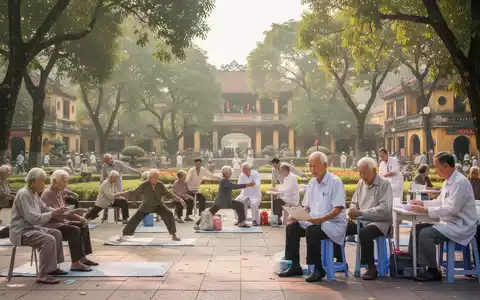 Ältere Menschen nehmen an Outdoor-Gesundheitsaktivitäten in einem Park in Hanoi teil, mit Grünflächen und Gebäuden im Hintergrund. - Foto: über boerse-global.de