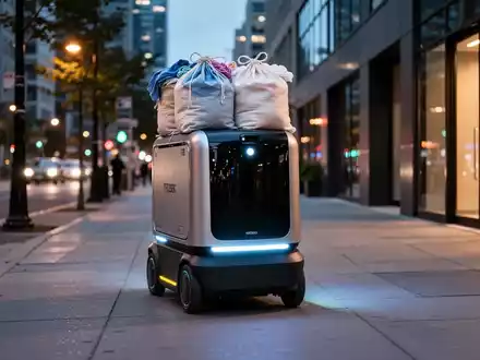 Autonomer Lieferroboter mit Wäschesäcken auf dem Gehweg einer modernen Stadt in der Dämmerung. - Foto: über boerse-global.de