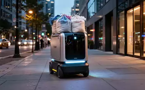 Autonomer Lieferroboter mit Wäschesäcken auf dem Gehweg einer modernen Stadt in der Dämmerung. - Foto: über boerse-global.de