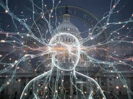 KI mit neuronalen Netzen und Datenströmen, dezent überlagert mit einem Regierungsgebäude, symbolisiert KI-Regulierung. - Foto: über boerse-global.de
