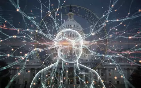 KI mit neuronalen Netzen und Datenströmen, dezent überlagert mit einem Regierungsgebäude, symbolisiert KI-Regulierung. - Foto: über boerse-global.de