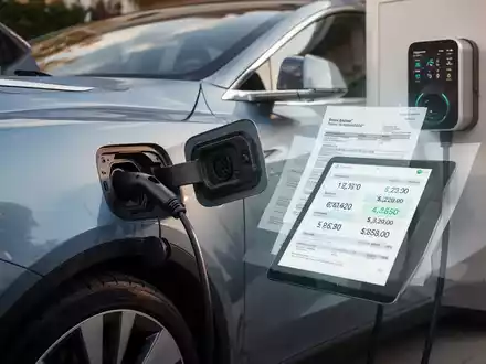 Ein modernes Elektroauto wird zu Hause geladen, daneben ein Tablet mit Finanzdaten. Symbolisiert neue Reisekosten- und Pendlerpauschalen. - Foto: über boerse-global.de