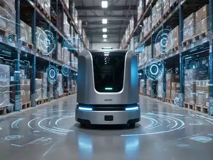 Schlanker autonomer mobiler Roboter (AMR) in einem High-Tech-Logistiklager mit leuchtenden Datenschnittstellen. - Foto: über boerse-global.de