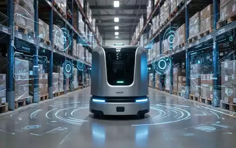 Schlanker autonomer mobiler Roboter (AMR) in einem High-Tech-Logistiklager mit leuchtenden Datenschnittstellen. - Foto: über boerse-global.de