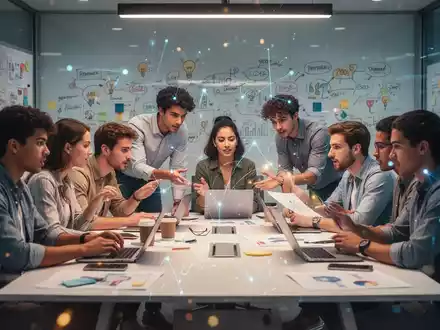 Junge Unternehmer arbeiten an einem Tisch, umgeben von Ideen auf Whiteboards, Symbol für Innovation und Teamarbeit. - Foto: über boerse-global.de