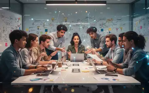 Junge Unternehmer arbeiten an einem Tisch, umgeben von Ideen auf Whiteboards, Symbol für Innovation und Teamarbeit. - Foto: über boerse-global.de